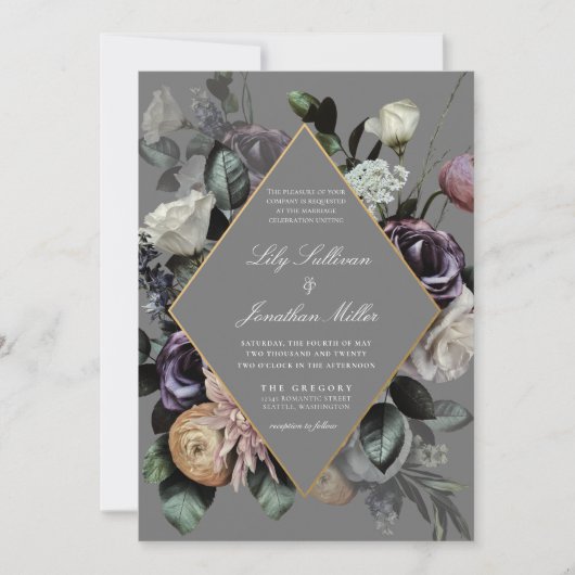 秋の秋ムーディフローラフレームパープルグレイ結婚ズ 招待状 (正面)
