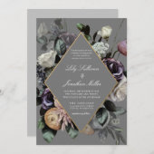 秋の秋ムーディフローラフレームパープルグレイ結婚ズ 招待状 (正面/裏面)