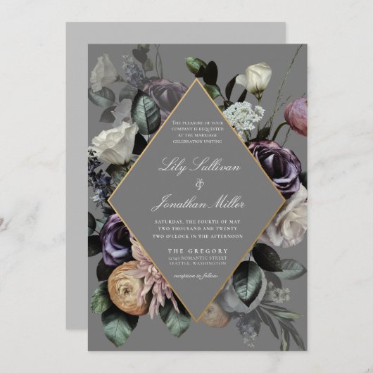 秋の秋ムーディフローラフレームパープルグレイ結婚ズ 招待状 (正面/裏面)
