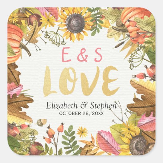 秋の秋メープル葉スパンプキ結婚ンサンキュー スクエアシール (正面)