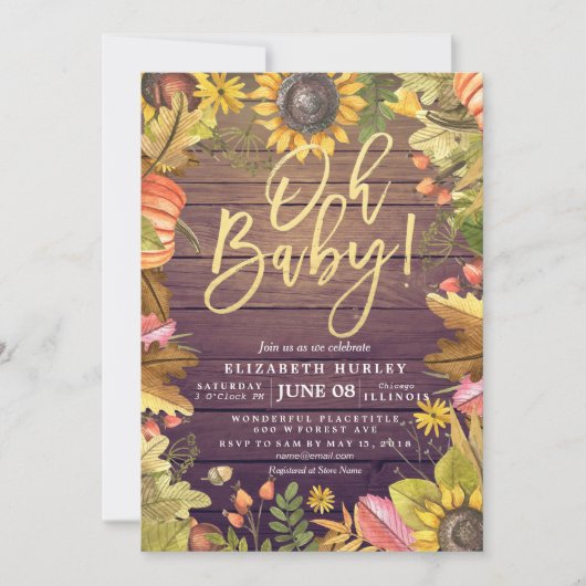 秋の秋メープル葉パンプキンベビーシャワーカード 招待状 (正面)