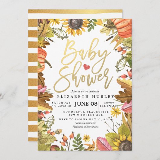 秋の秋メープル葉パンプキンベビーシャワーカード 招待状 (正面/裏面)