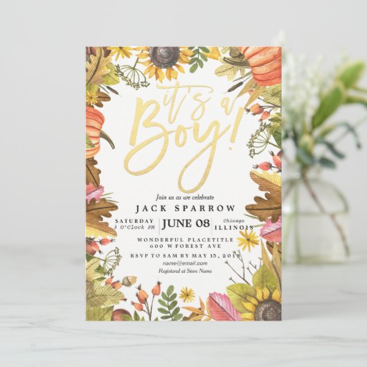 秋の秋メープル葉パンプキンベビーシャワーカード 招待状 (スタンド正面)