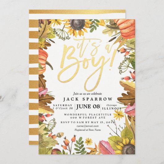 秋の秋メープル葉パンプキンベビーシャワーカード 招待状 (正面/裏面)