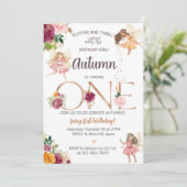 秋の秋妖精の女の子1st最初の誕生日招待状。 招待状 (スタンド正面)