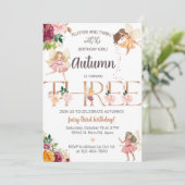 秋の秋妖精の女の子3歳の誕生日招待状。 招待状 (スタンド正面)