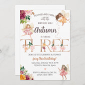 秋の秋妖精の女の子3歳の誕生日招待状。 招待状 (正面/裏面)
