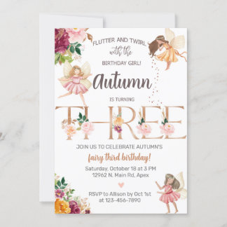 秋の秋妖精の女の子3歳の誕生日招待状。 招待状