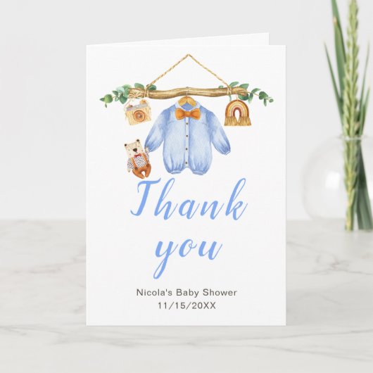 秋の秋服ラインボーイベビーシャワー サンキューカード (正面)