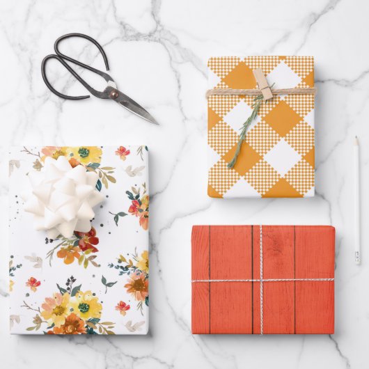 秋の秋水彩の花プレッズ&ストライプ ラッピングペーパーシート (正面)