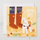 秋の秋犬が散歩グリーティングフラットカード (正面)