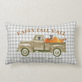 秋の秋犬と古いピックアップトラックのカボチャ ランバークッション