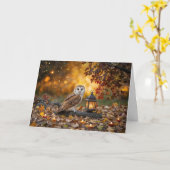 秋の秋秋分とフクロウのキャンドルの葉 カード (黄色い花)