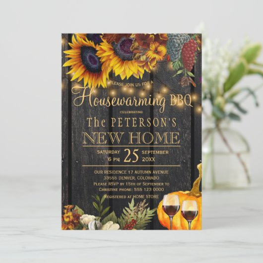 秋の秋素朴なヒマワリの木引っ越し祝いパーティーbbq 招待状 (スタンド正面)