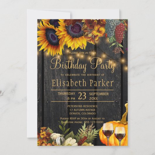 秋の秋素朴な木ひまわり誕生日パーティー 招待状 (正面)