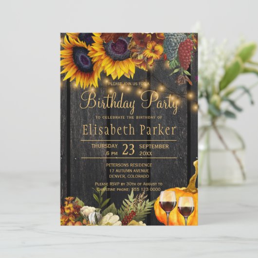 秋の秋素朴な木ひまわり誕生日パーティー 招待状 (スタンド正面)