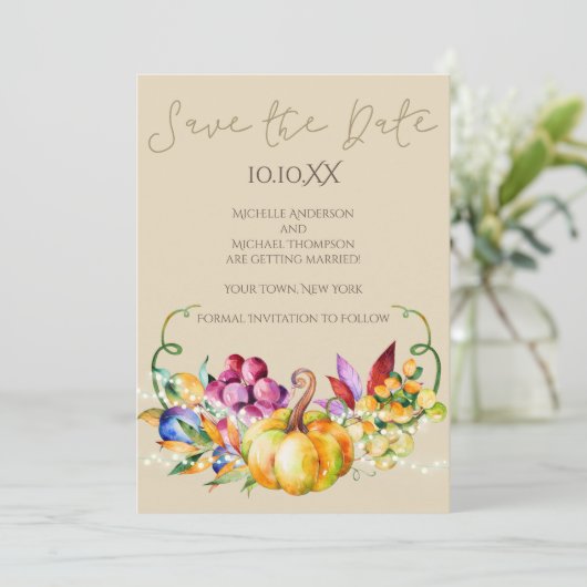 秋の秋素朴ワインライト日付を保存 招待状 (スタンド正面)