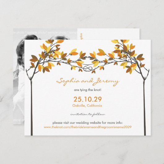 秋の秋結びラブツリー日付写真を保存 案内ポストカード (正面/裏面)