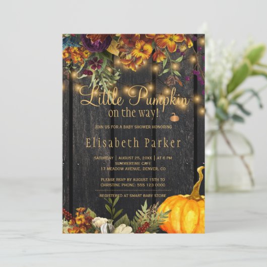 秋の秋赤ちゃんシャワーの途中の小さなカボチャ 招待状 (スタンド正面)