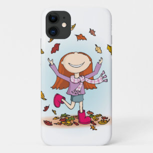 秋の秋遊女の子と葉ケース iPhone 11 ケース