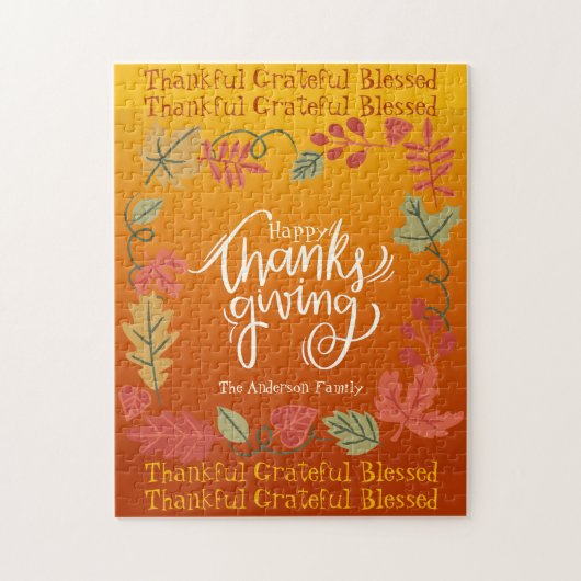 秋の紅葉かわいい家族ハッピー感謝祭 ジグソーパズル (縦)