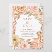 秋の紅葉とアースカラーのフラワーの結婚式フォト セーブザデート (正面)