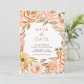 秋の紅葉とアースカラーのフラワーの結婚式フォト セーブザデート (スタンド正面)