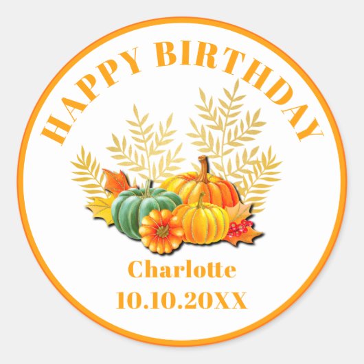 秋の紅葉とカボチャのお誕生日おめでとう ラウンドシール (正面)