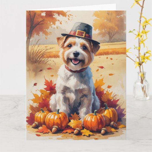 秋の紅葉とチベット・テリア 感謝祭のアート カード (黄色い花)