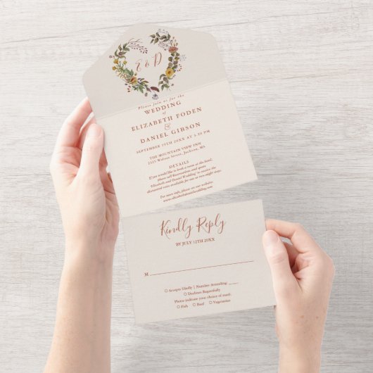 秋の紅葉とフラワーモチーフの結婚式RSVP オールインワン招待状 (貼ってはがせる)
