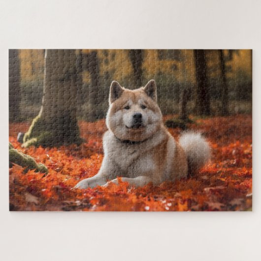 秋の紅葉にインスパイアされた秋田犬 ジグソーパズル (横)