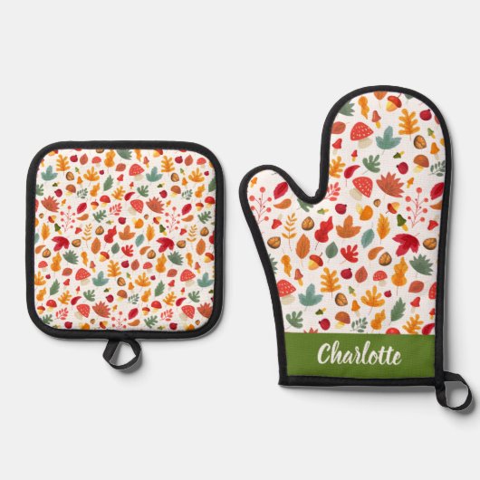 秋の紅葉の模様名前をカスタムする 鍋つかみ&鍋敷きセット (正面)