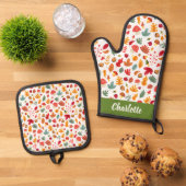 秋の紅葉の模様名前をカスタムする 鍋つかみ&鍋敷きセット (トップダウン)