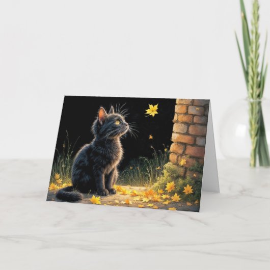 秋の紅葉を見る子猫 カード (正面)