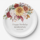 秋の紅葉フラワーの白い誕生日パーティー ペーパープレート (正面)