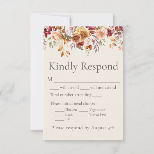 秋の紅葉フラワーアイボリー結婚式返信RSVP 出欠カード (正面)