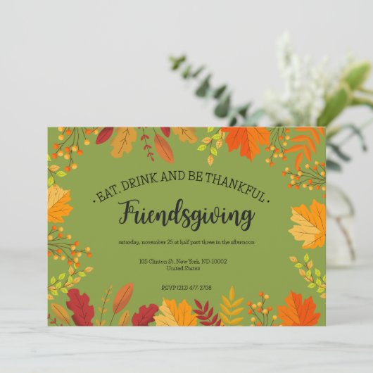 秋の紅葉感謝祭の緑の招待状 招待状 (スタンド正面)
