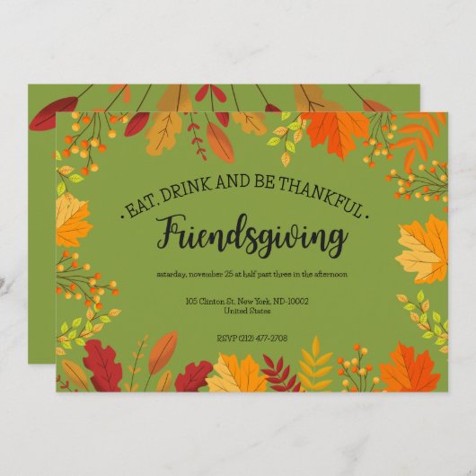 秋の紅葉感謝祭の緑の招待状 招待状 (正面/裏面)