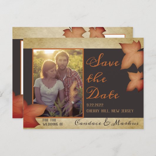 秋の紅葉 ウェディング Save the Date 案内ポストカード (正面/裏面)