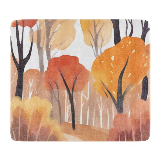 秋の紅葉 森の水彩 葉 カッティングボード (正面)