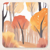 秋の紅葉 森の水彩 葉 スクエアペーパーコースター (正面)