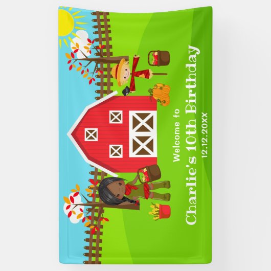 秋の納屋周囲の庭誕生日ダークスキンガールウェルカム 横断幕 (縦)