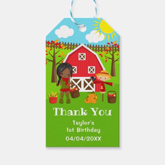 秋の納屋周囲の庭誕生日ダークスキンガールサンキュー ギフトタグ (正面)