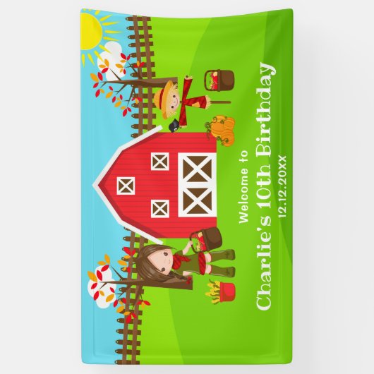 秋の納屋周囲の庭誕生日ブラウンヘアガールウェルカム 横断幕 (縦)