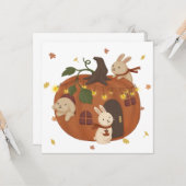 秋の素敵なイラスト：ウサギとカボチャ カード (正面/裏面インサイチュ)