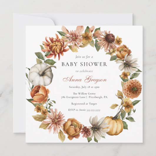 秋の素朴かぼちゃの赤ちゃんシャワー 招待状 (正面)