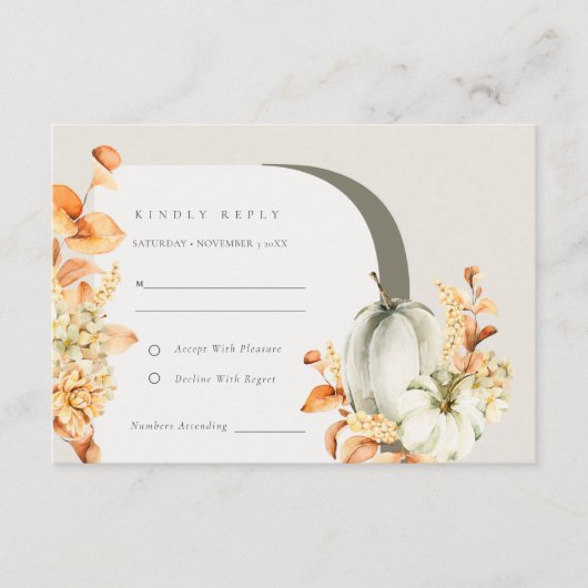 秋の素朴かぼちゃアーチフローラウェディングRSVP エンクロージャーカード (正面)