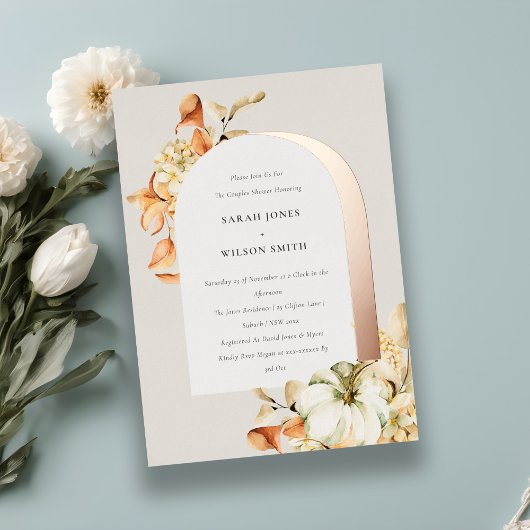 秋の素朴かぼちゃアーチフローラカップルシャワー 箔招待状