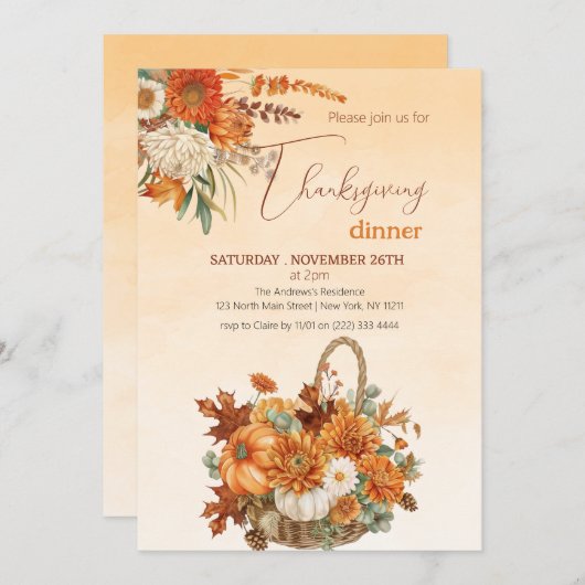 秋の素朴かぼちゃ感謝祭ディナー 招待状 (正面/裏面)