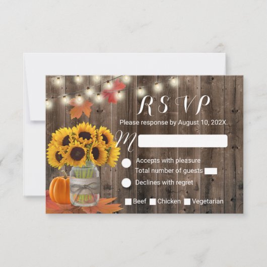 秋の素朴ひまわりジャンプキンウェディングRSVP 出欠カード (正面)